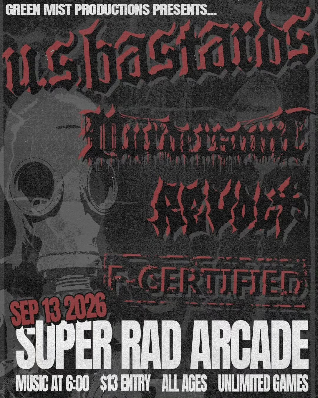 U.S. Bastards at Super Rad Arcade in Lynchburg, VA — September 13, 2026 with Murdersome, Revolt, and F-Certified